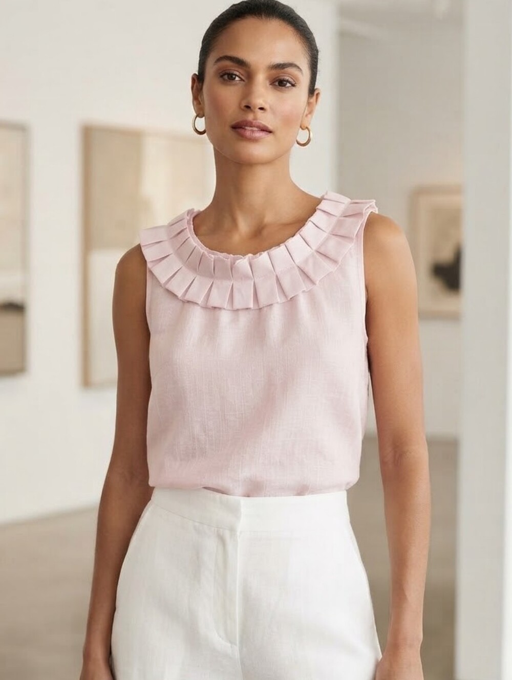 KOCH Pink Pleated Ruffle Collar Cotton Linen Sleeveless Blouse Top XS